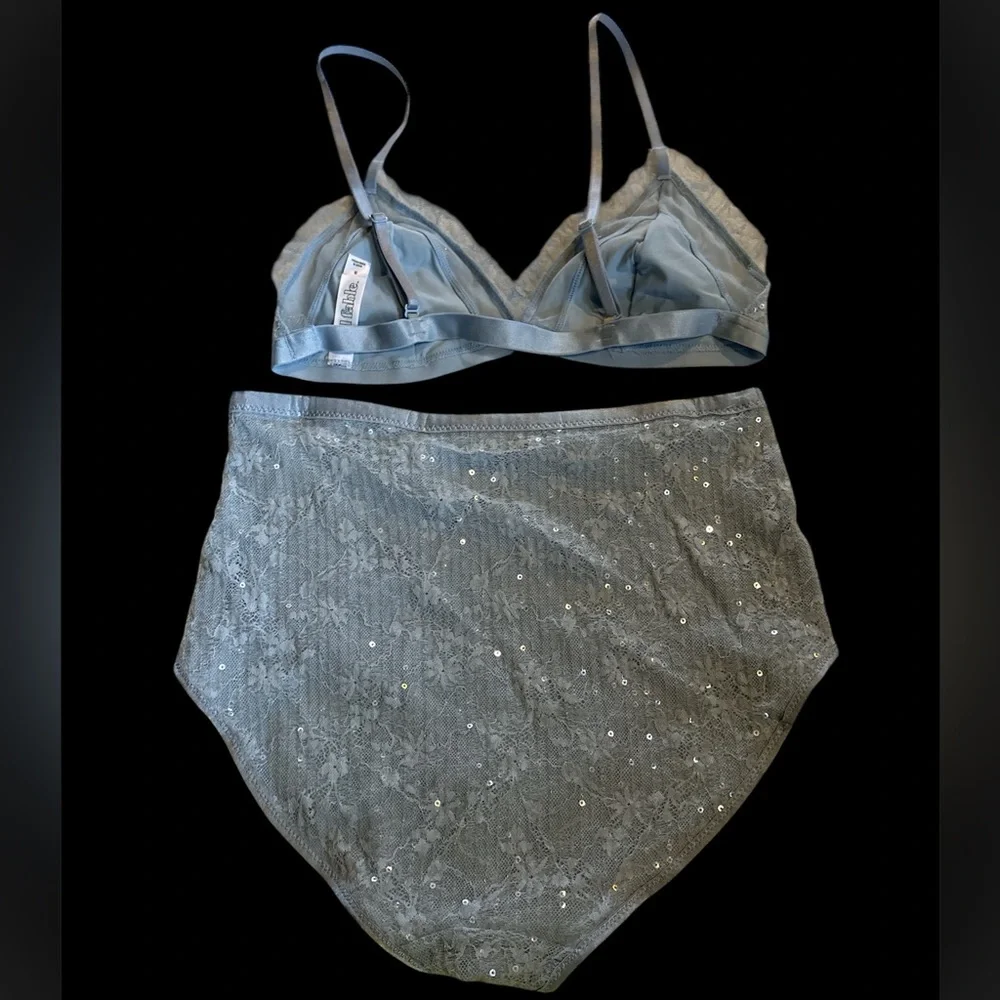 New baby blue Women's Intimate 2 Piece Set bra high waisted underwear sequins s